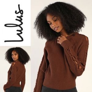 NWT LULUS Braid Expectations Chocolate Brown Long Sleeve Sweater